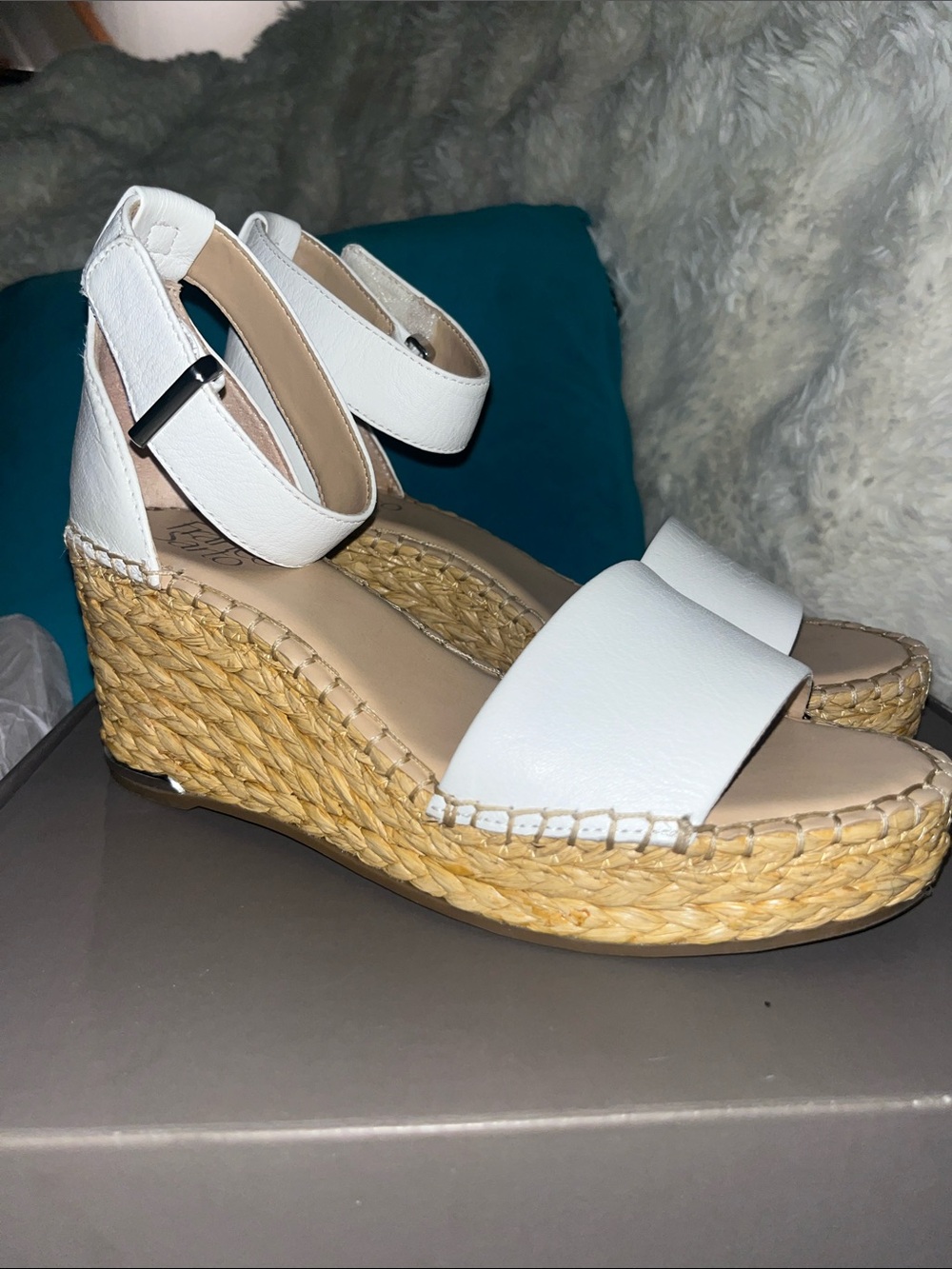 Franco Sarto White Leather Espadrille Wedge Sandals